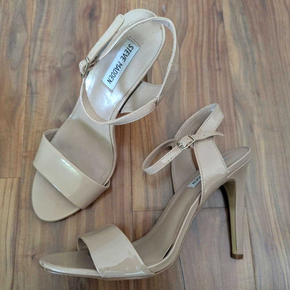 Steve Madden Nude Heels Women's 9.5 Ankle Sandal Closure Open Toe‎ Shiny 5" Heel